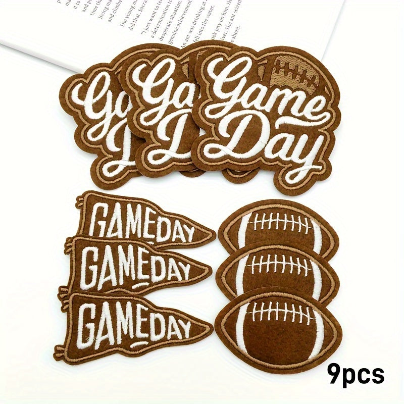 TEMU 3-6-9pcs "game Day" Embroidery Patches, Dark Brown Football Iron-on-sew-on Appliques, Suitable For Clothing, Hats, Backpacks And Canvas