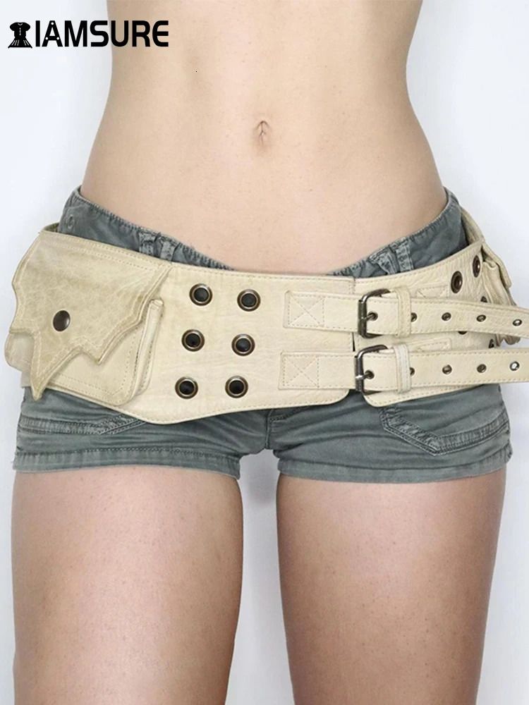 Best IAMSURE Vintage Big Pockets Pu Leather Belt Y2K Safari Style WomenS Outdoor Fashion Skirts Jeans Trouser Decorative Waistband 250630