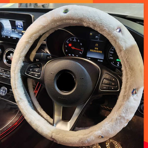 New Fuzzy Steering Wheel Cover with Crystals for Women Interior Decor White Grey Black 38cm Fits Most Warm Winter Design