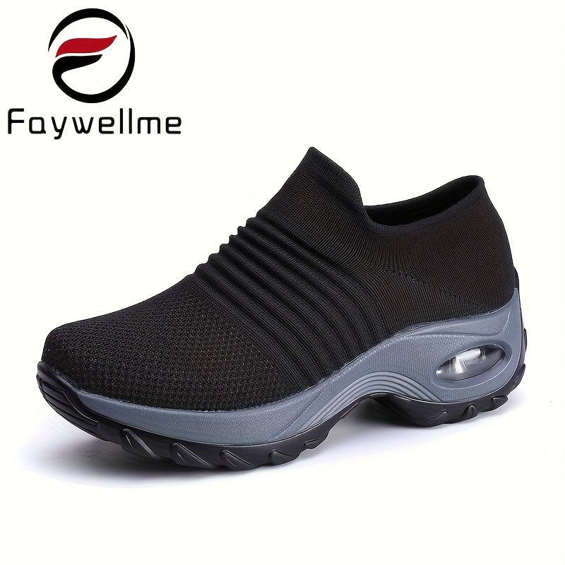 TEMU Faywellme Women's High-top Knit Sneakers - Shock-absorbing Sole, Breathable Fabric Slip- Shoes With Chic Chain Bracelet Detail, Fashion Athletic