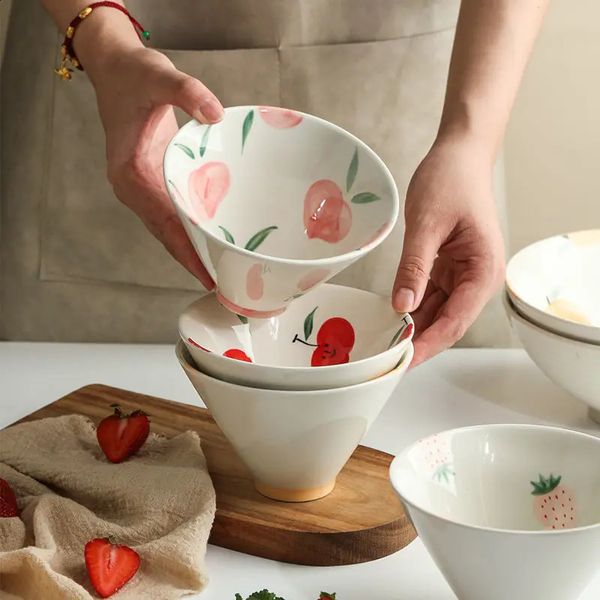 Japanese Rice Tableware Cute Girl Heart Home Hat Bowls Strawberry Ceramic Dessert Bowl Kitchen Supplies Household Products 240822