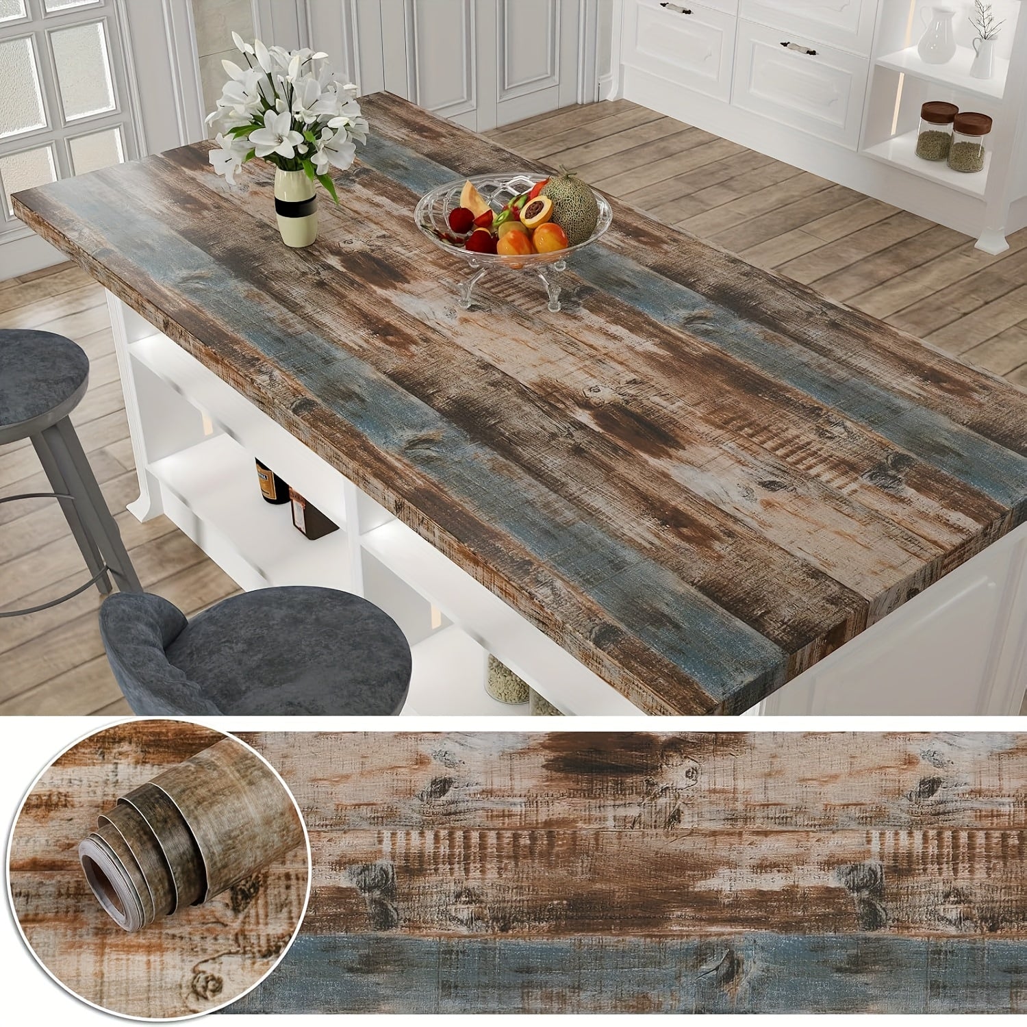 TEMU 1 Roll Peel And Stick Wallpaper Decorative Self Adhesive Vinyl Film Wood Grain Wallpaper For Furniture Cabinet Countertop Shelf Paper, Blue