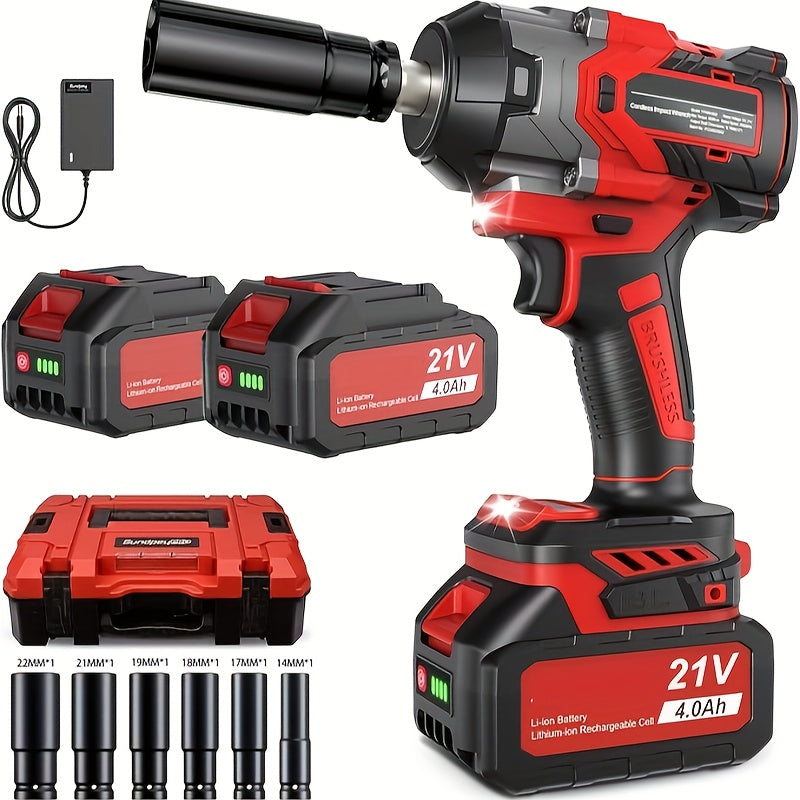 TEMU 850n Cordless Impact Wrench, 1-2 Impact , Power Impact Wrenches With 6 Sockets And Fast Charger, Electric Impact Driver For Tires (red)