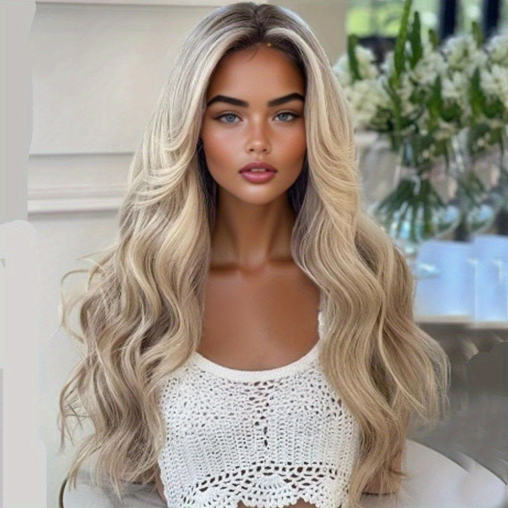 TEMU 613 Blonde Ombre Lace Front Wig With Dark - Body Wave Synthetic Hair For, Glueless 13x4 Lace, Sporty Style Cosplay & Casual Attire, Costume