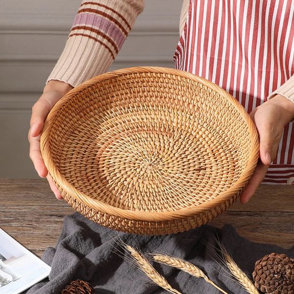 Round Rattan fruit bowl natural willow fruit basket Boho woven storage basket bread tray kitchen coffee table farm 240902