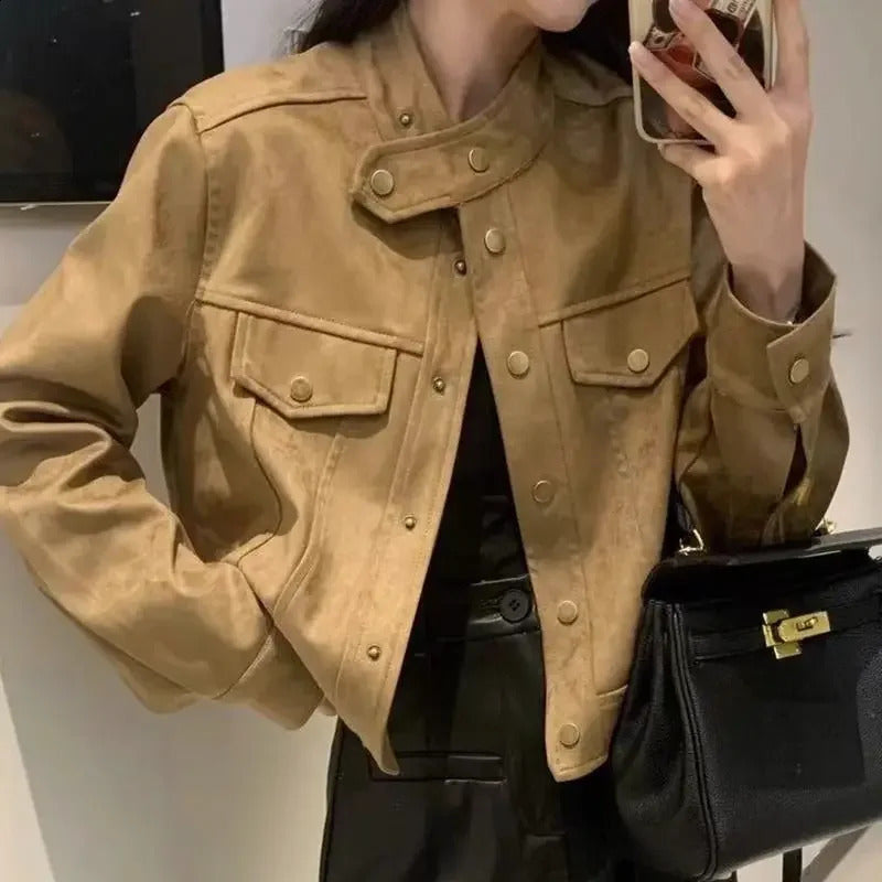 2024 Style French Stand Collar Chamois Leather Jacket For Women Autumn Sensibility Motorcycle Jacket Top Regular Fit 240918