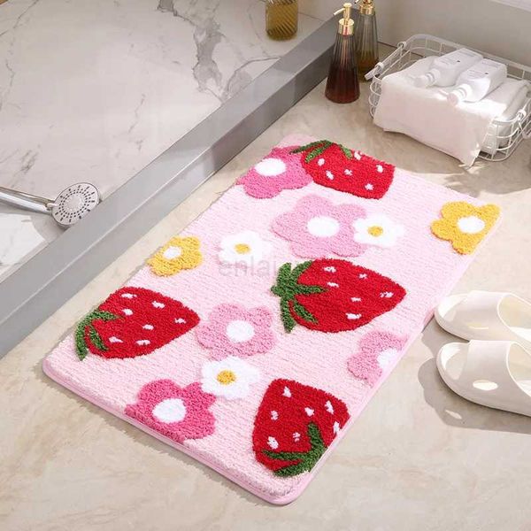 Cute Strawberry Tufted Bath Mat Pink Sweet Girls Soft Plush Home Decor Carpet Bedroom Rug Non-slip Hallway Entrance DoormatY240729