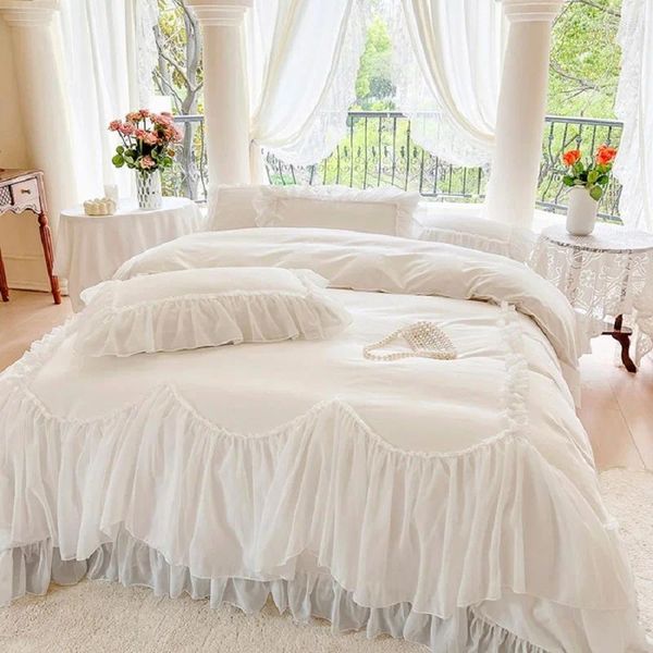 Bedding Sets White Pink Cotton Princess Romantic Wedding Lace Ruffles Duvet Cover Bed Skirt Bedspread Pillowcases spread