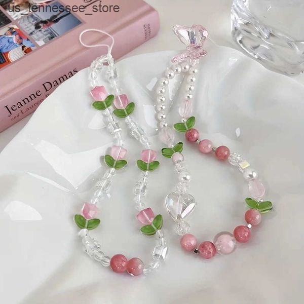 Cell Phone Straps Charms Peach Beaded Mobile Phone Charm Strap Chain Women Sweet Girls Jewelry Pearl Cellphone Flower Lanyard for iPhone Key