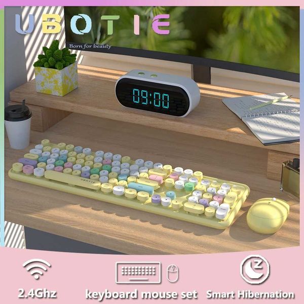 UBOTIE Sweet Wireless Keyboard and Mouse Combo Ergonomic Round Retro Keyboard with Number Pad Typewriter for Girl (yellow)) X250203