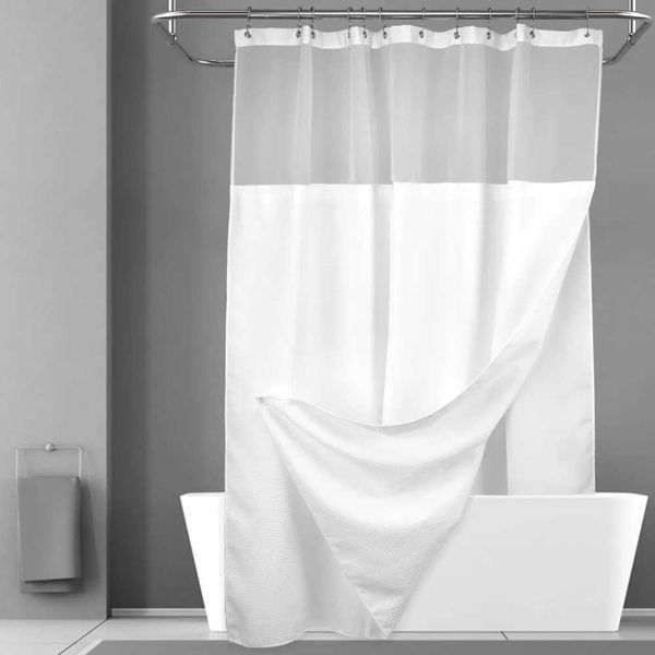 Waffle check shower curtain with Snap-in cloth padding set that includes 12 white heavy-duty fabric and mesh top windowT250122