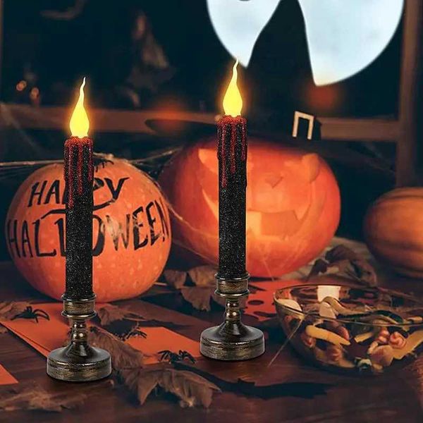 2pcs Halloween Decor Flameless Candles Halloween Candles LED Lighted Lamp Taper Candle Vampire Tears Black Candles With Bases Y240801