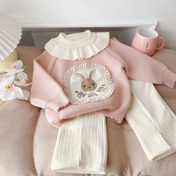 Kids Girls Cute Sweater Sets Ruched Oneck Rabbit Print Knitting ShirtElastic Waist Beige Split Fleece Pants Two Pieces Suits 250117