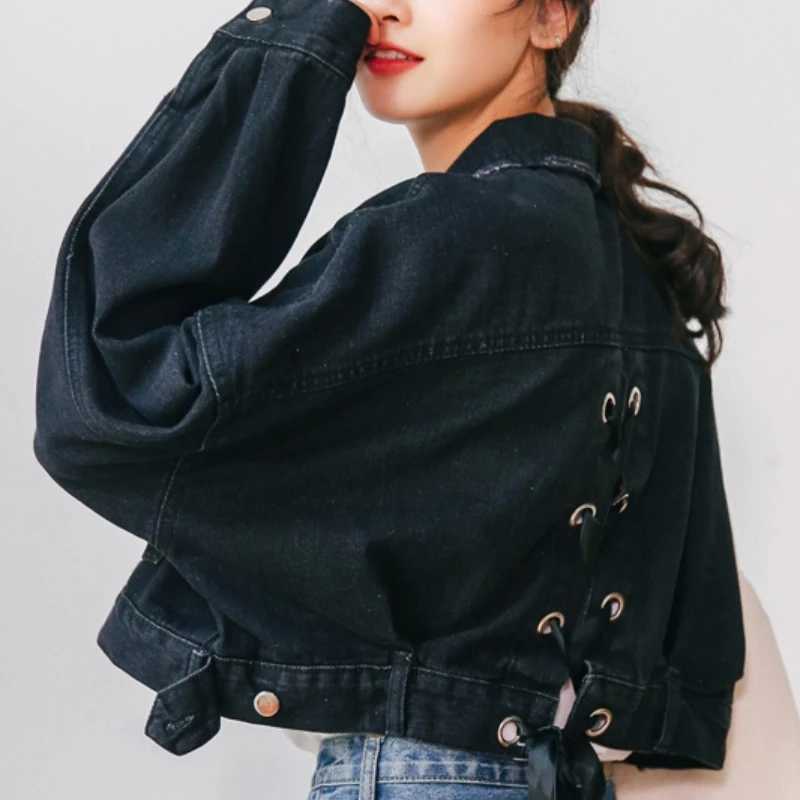 Vintage Short Black Denim Jackets Women Spring Korean Fashion Preppy Style Lace-up Jeans Coats Casual Loose Female OuterwearX240920