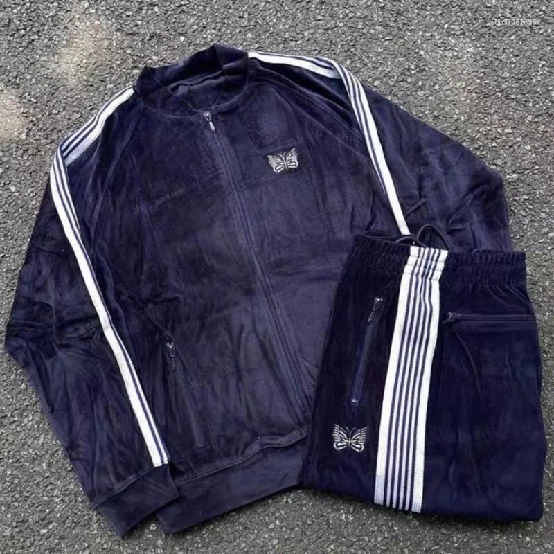 Mens Jackets Rib Collar Track Jacket Butterfly Embroidered Blue Velvet Coat Street Casual Straight Pants Men Women Tracksuit With Tag L250909