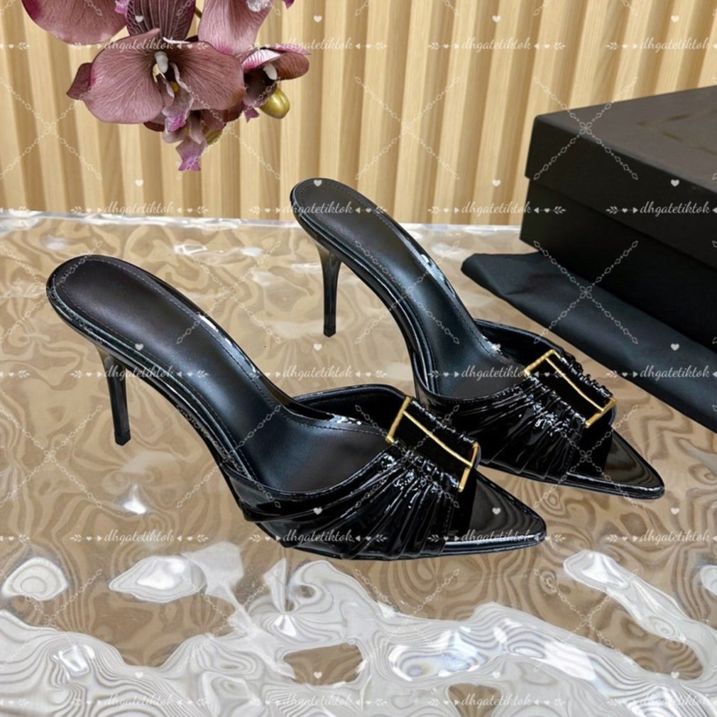 Elegant Dress shoes Ladies stiletto Slippers mule Genuine Leather Fashionable Letter Buckle Sharp toes sandals luxury women designer high-heeled Sli