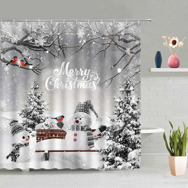 Shower Curtains Winter Christmas Shower Curtain Vintage Window Wooden Door Elk Forest Snowman Landscape Bathroom Decorative Shower Curtain H