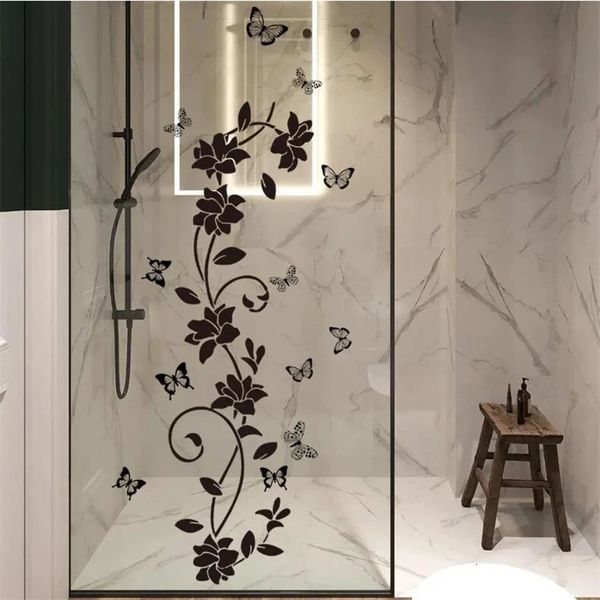 90*30CM Black Floral Butterfly Wall Sticker For Bathroom Door Sticker Bathtub Bedroom Background Self-Adhesive 250113
