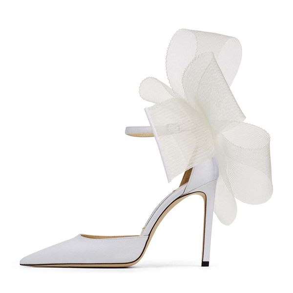 Fashion Ladies Pumps Sandals Popular AVERLY 100 mm Pointed Toe Asymmetric Grosgrain Mesh Fascinator Bows Designer Italy Summer Banquet Sanda