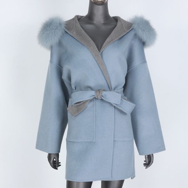 Women&#039;s Wool Blends BLUENESSFAIR Cashmere Wool Blends Winter Jacket Women Oversize Real Natural Fur Collar Coat Outerwear Belt Streetwe