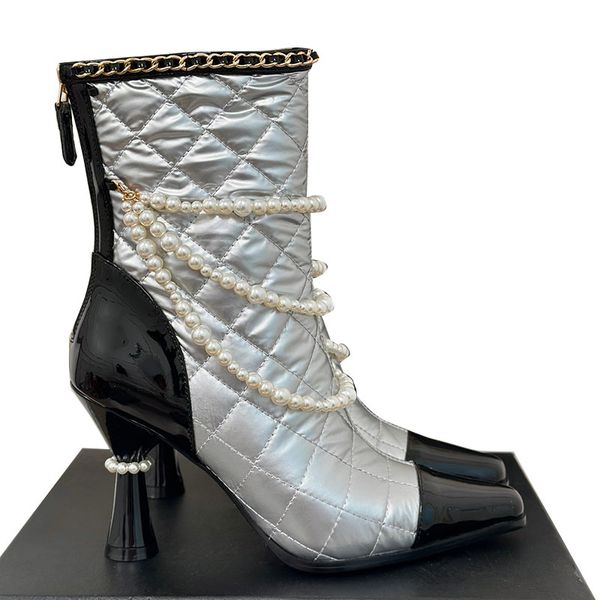 Cowskin Patent Leather -Down Ankle Boots Designer Zippers Chain Imitation Pearls Pointed Toes Knee Boot Stiletto Heels 8cm Matelasse Hardwar