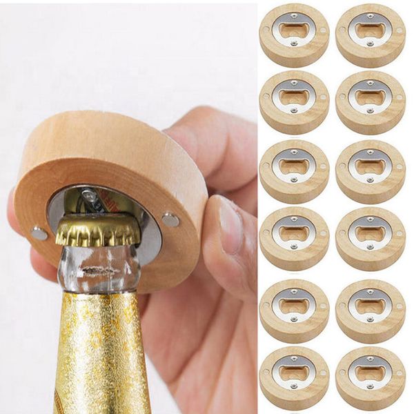 12PCS-lot Blank DIY Wooden Round Shape Coaster Fridge Magnet Decoration Beer Bottle Opener 0419