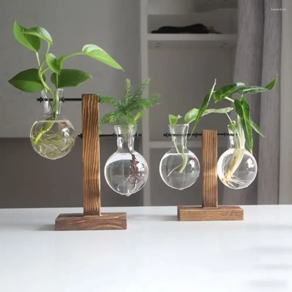 Vases Hydroponics Plants Transparent Glass Bulb Vase With Wooden Stand Terrarium Desktop Planter Coffee Shop Room Decor