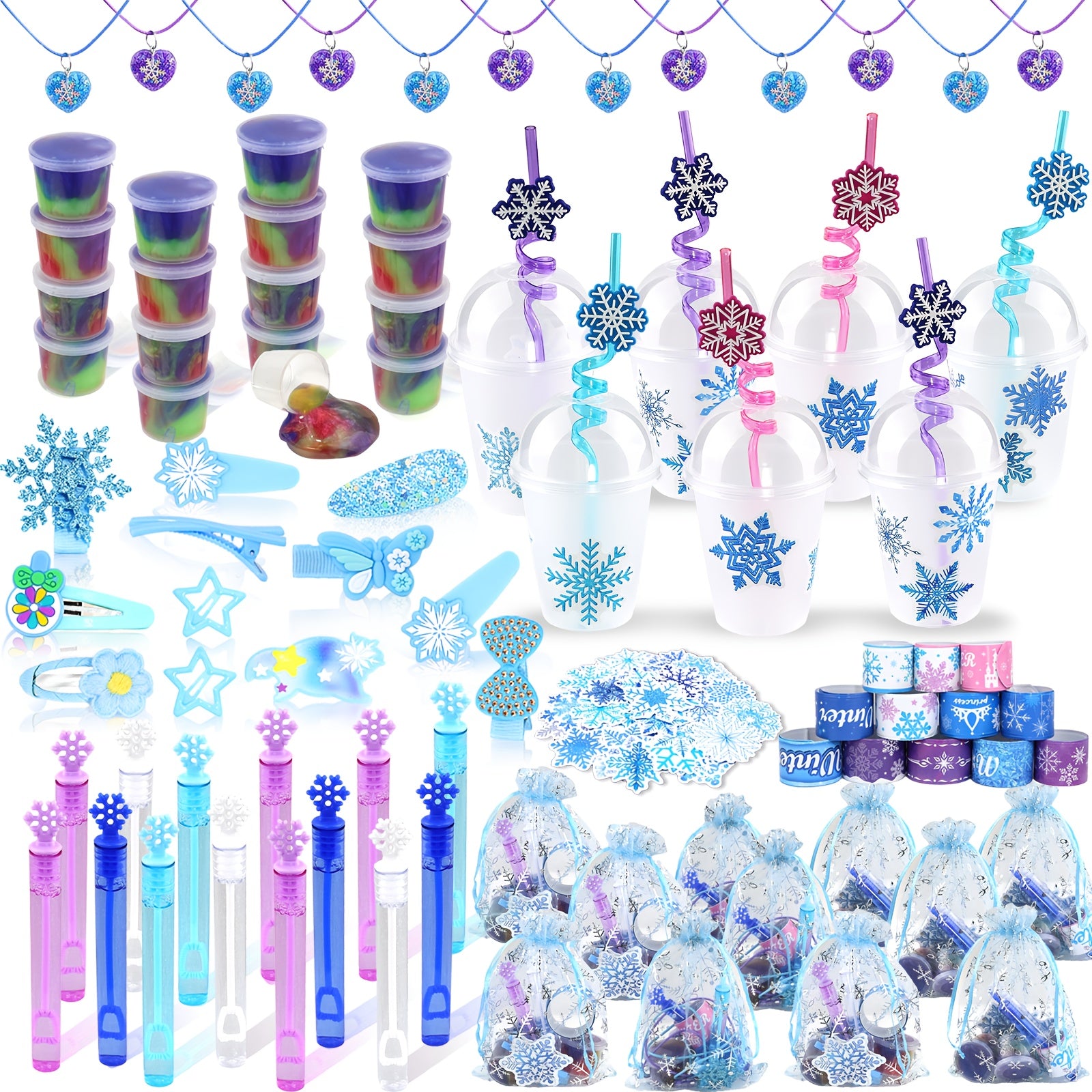 TEMU 158pcs Snowflake Party Favors & Birthday Set. Includes 12 Cups W-lids, 12 Pendants, 12 Slime Packs, 12 Pop Wristbands, 12 Hair Accessories, 12