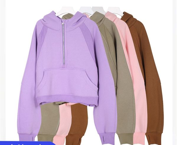 Womens Classic Semi-zipper UU-L3134 Terry Hoodie Loose Plus Velvet Coat Yoga Clothes Or Half Zipper Loose Coat Long Sleeve Fitness Yoga Clot