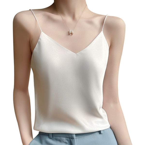 Women&#039;s Tanks Camis Fashion Silk Tank Top Underwear White Bottom Satin Face Summer V-Neck Thin Style 230425