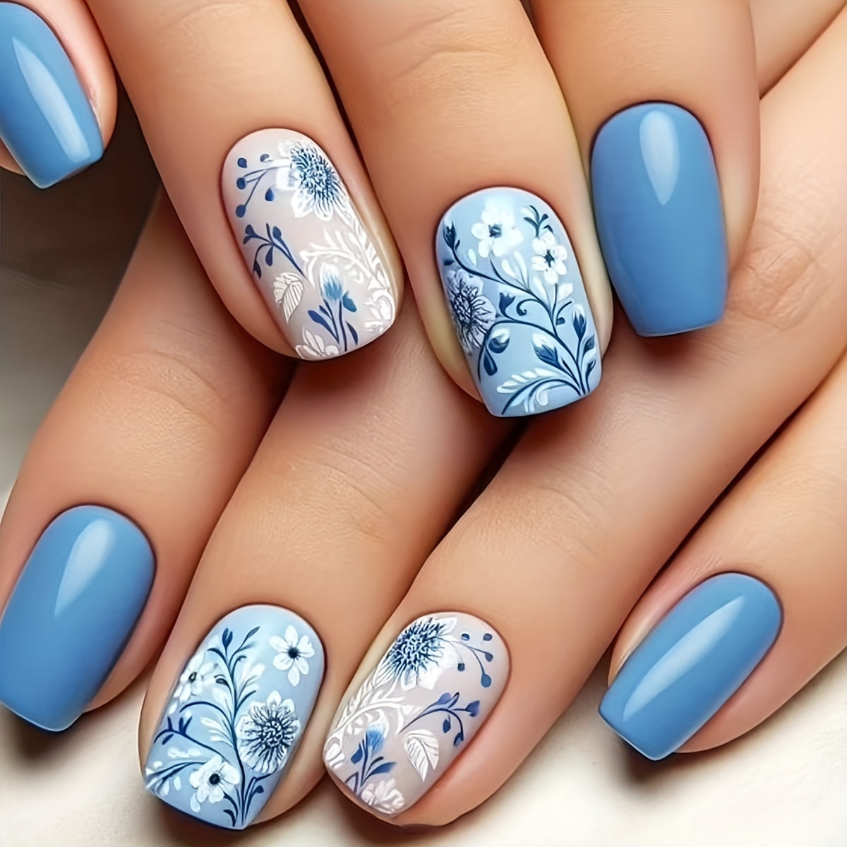 TEMU 24pcs Square Style Pieces With Beautiful Blue Flower Patterns And Bright Fake Nails, Suitable For Daily Wear. Comes With Jelly Glue And Filing