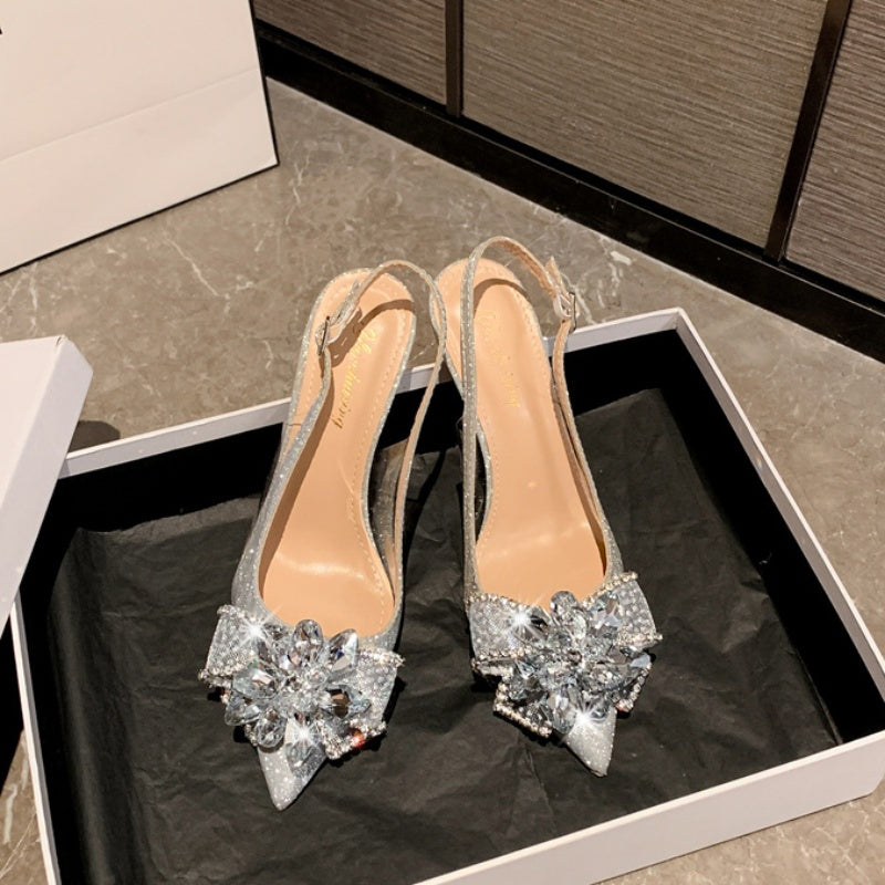 2024 Women Pointy Design Bridesmaid Sandals Temperament Silver High-heeled Sandals Rhinestone Sequin French Wedding Shoes