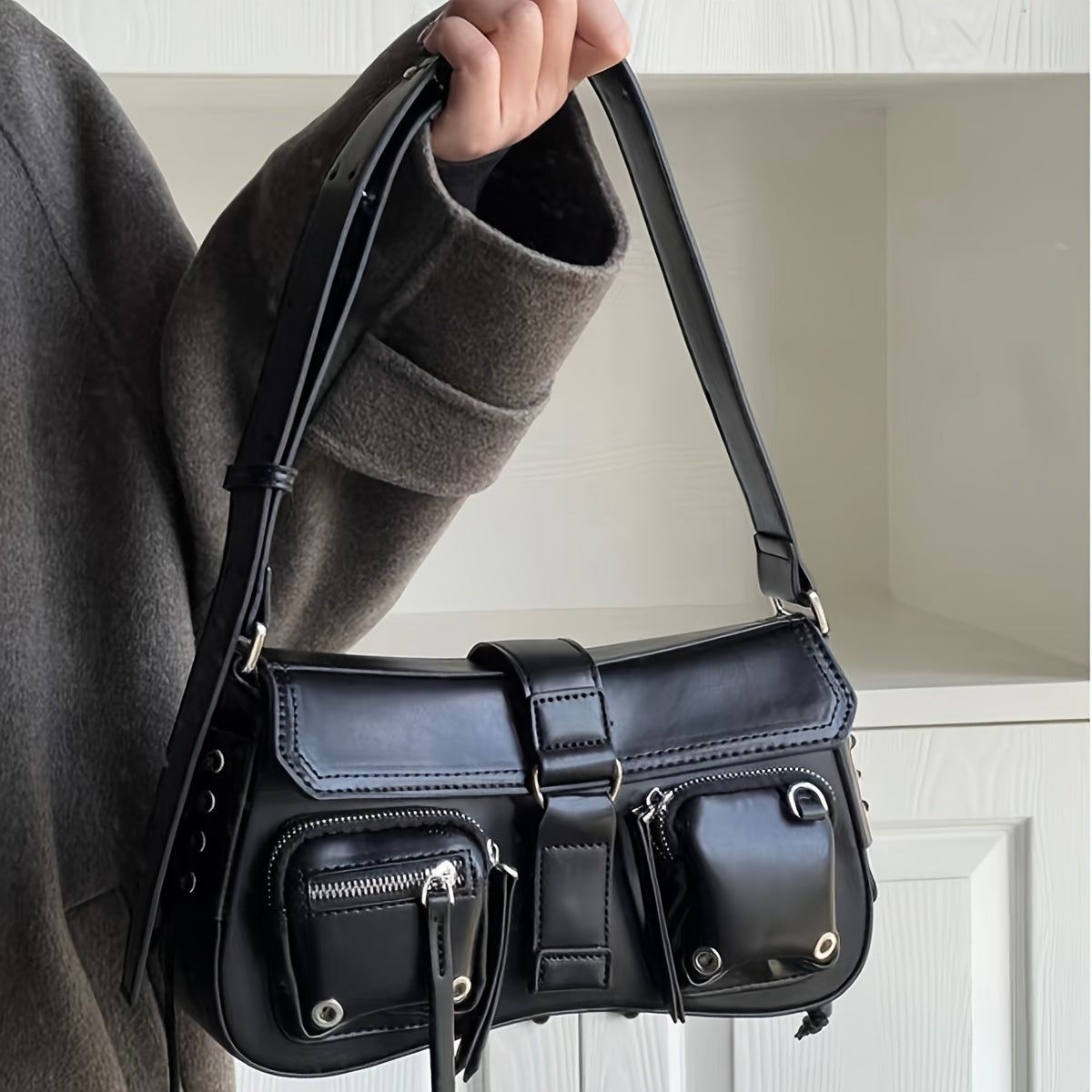 TEMU Trendy Punk Style Shoulder Bag, Y2k Multi Pocket Underarm Bag, Women's Fashion Handbag & Purse