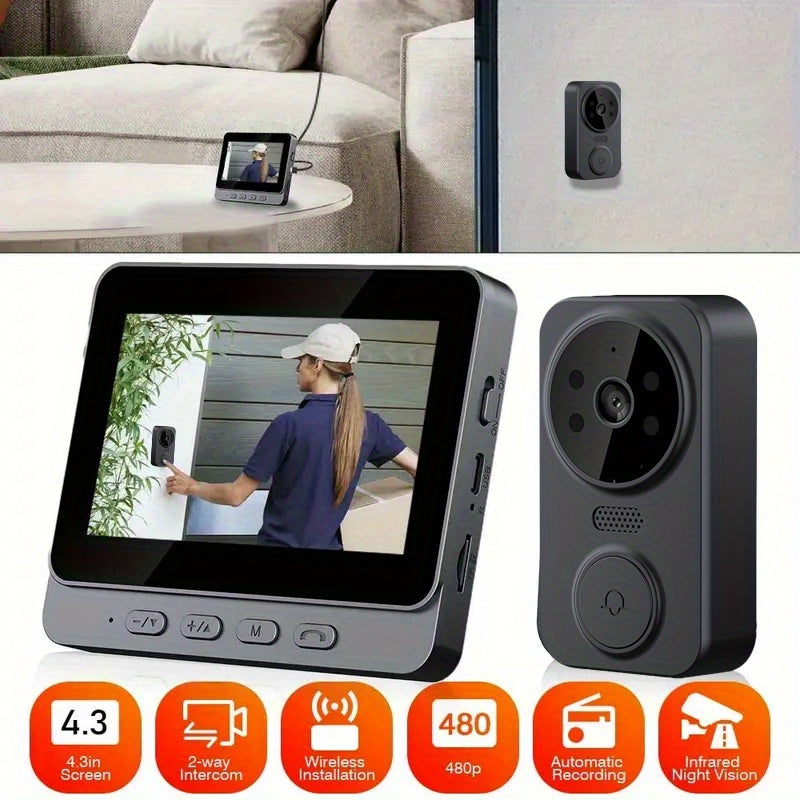 TEMU Smart Video Doorbell, Wireless Video Doorbell, Visual Doorbell Camera, 4.3-inch Ips 1080p Monitor Screen Doorbell Camera With, Audio, Night