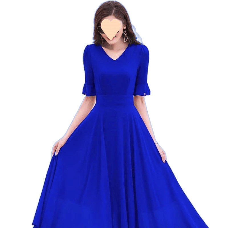 326 big swing skirt summer red mid-length dancing chiffon dress plus size long skirt over the knee holiday beach dress