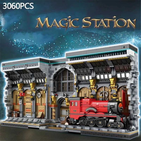 Blocks 3060PCS Train Station Magic Bookend MOC Model Building Blocks Creative Street View Assembly Bricks Set With Light Kids Toys Gift Y241