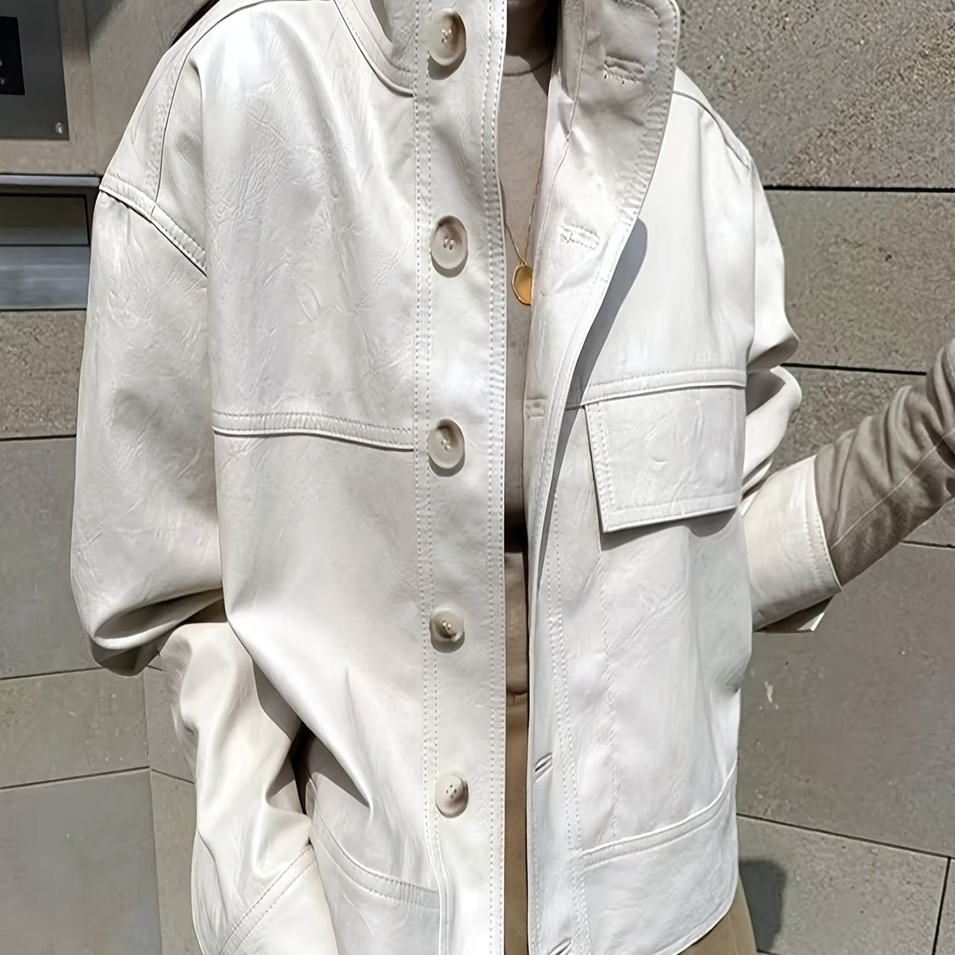 TEMU Women's Retro Motorcycle Jacket - Collar, Drop Shoulder Sleeves & Button Front Closure, H-silhouette Relaxed Fit Long Sleeve Cardigan For Casual