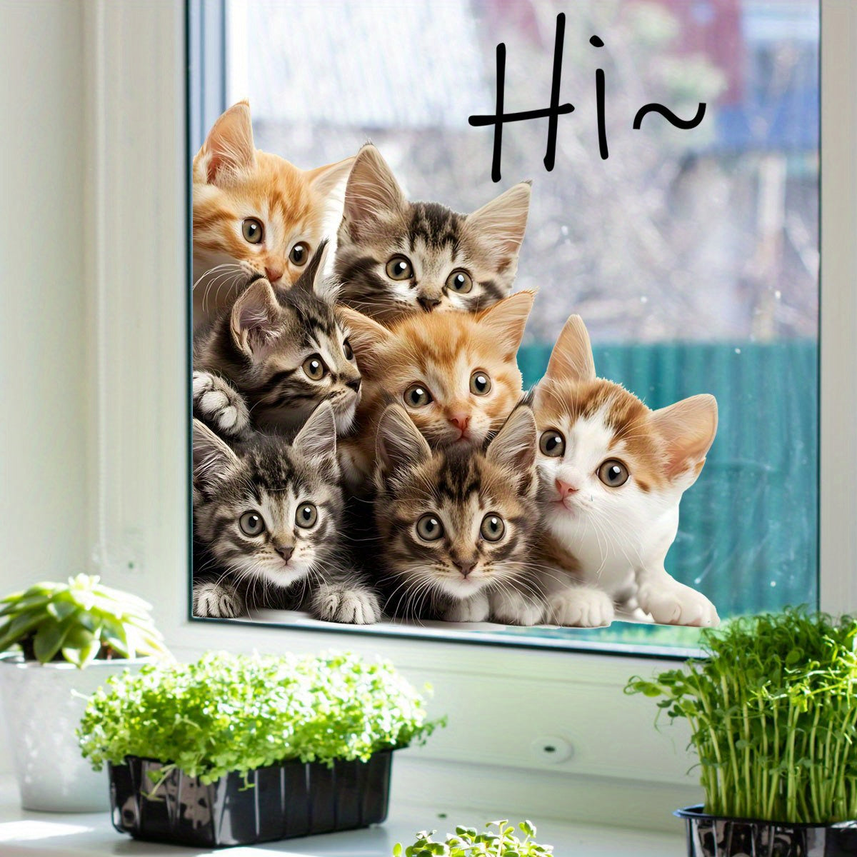 TEMU 7 Cute Kittens Hi! Window Clings - Static Decal Stickers For Bedroom, Living Room, And Kitchen Decor - Reusable, High-quality Plastic, Easy To