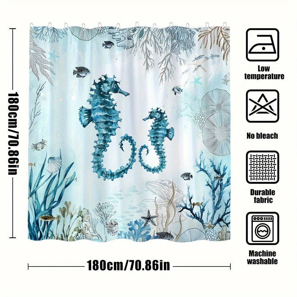 TEMU 1pc Seahorse Watercolor Beach Ocean Shower Curtain, Seaweed Underwater Theme Shower Curtain, Bathroom Decor, Bathroom Accessories
