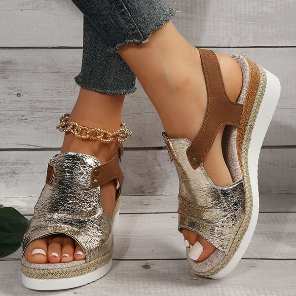 PU Pleated Leather Wedge Sandals for Women Back Strap Espadrilles Platform Sandles Woman 2023 Summer Thick Bottom Peep Toe Shoes 4abf Platm