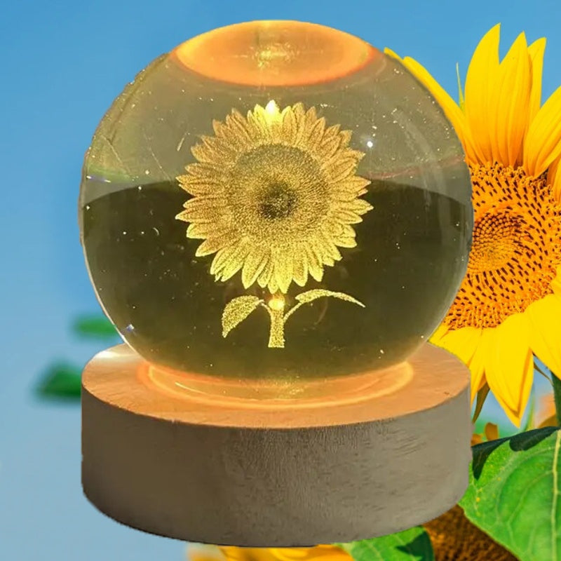 TEMU 3d Sunflower Crystal Ball Night Light - Usb-powered Colorful Lamp With Laser-engraved Design, Wooden Base, Perfect Desktop Decoration For