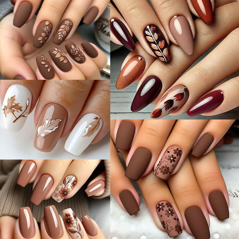 TEMU 120pcs (5 Pack) Medium Length, Glossy Finish, Floral &maple Leaf Desiqn, Brown & , Removable Fake Nail Kit Withjelly Glue & Nail File For Women