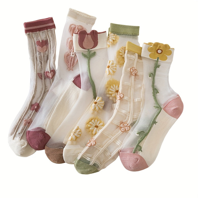 TEMU 5 Pairs Of Glass Fiber Crystal Socks, Plant Flower Ultra-thin Transparent Ice Cold Card Silky Mesh Breathable Mid Tube Stockings, Soft And