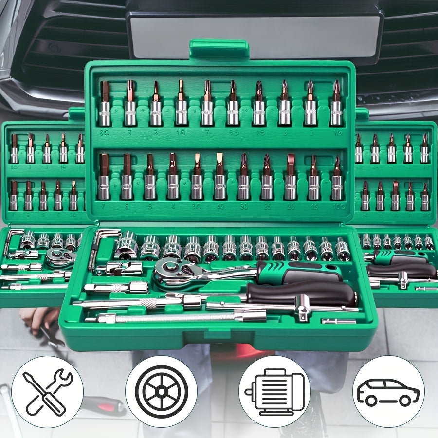 TEMU 46- 50pcs Household Car Repair Tool Set, Ratchet Torque Wrench And Screwdriver Toolbox, Motorcycle Tire Repair Tool Kit, Portable Bicycle Repair