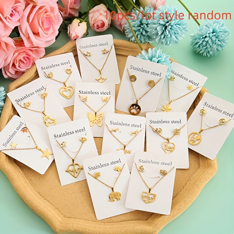 TEMU 10pcs Elegant Stainless Steel Jewelry Set, Simple, Flower, And Heart Pendants, Durable Necklace And Earring Combination, Suitable Parties And
