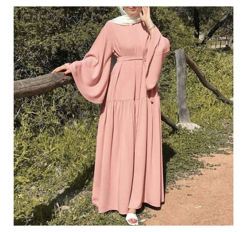 (273) New Solid Color Loose Pullover Belt with Wide Cuffs Dress