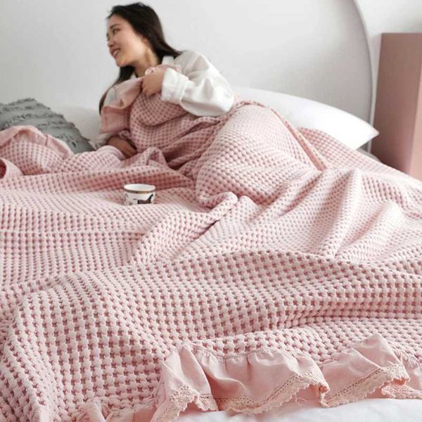 Blankets 100% Cotton Soft Bed Plaid Home Japanese Knitted Blanket Corn Grain Waffle With Summer Ruffles Warm Plaid Throw Bedspread CL250212