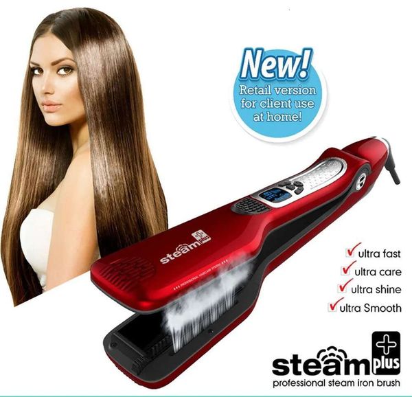 Electric Steam Straightener Professional Ceramic Wide Curg Flat Iron Hair Plates Lcd Display Hot Comb Straightening