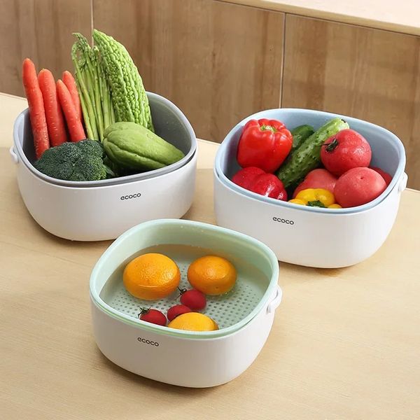 ECOCO Washing Basket Drain Container Sink Kitchen Pots Double Filter Handle Case Living Room Fruit Snacks Coffee Table Plate 241014