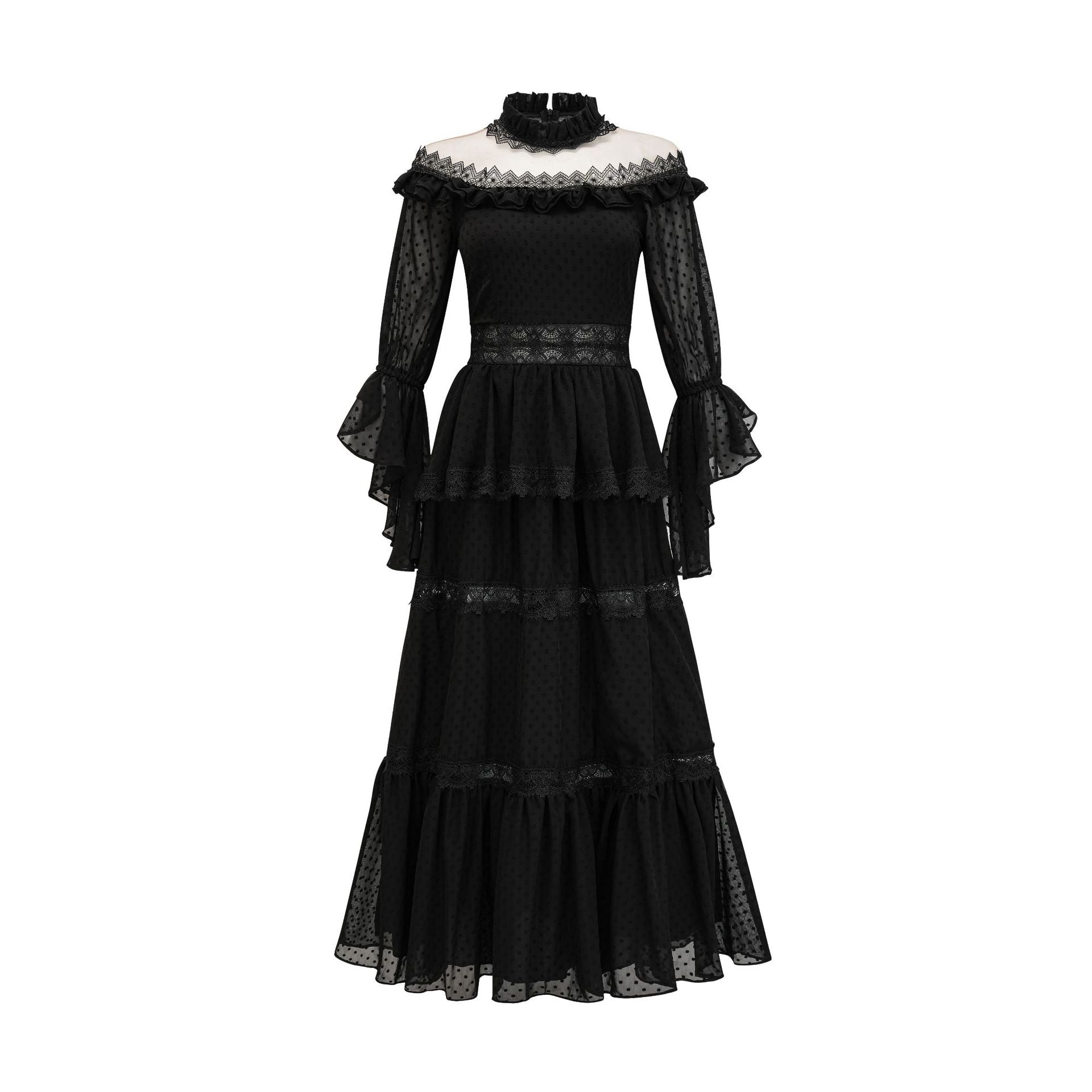 (41) Temperamental and elegant dress long skirt trumpet sleeves off the shoulder stand collar Gothic style daily travel dress
